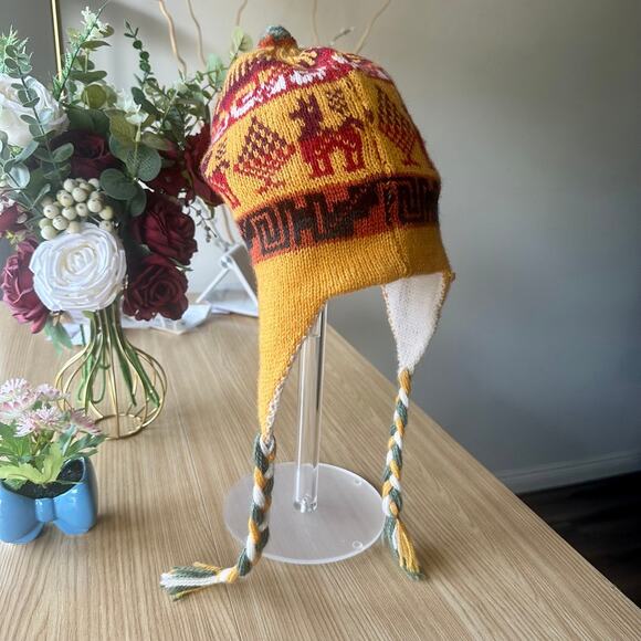 PERU Cusco Llama Reversible Wool Alpaca Knitted Beanie Tassel Inca Maya Aztec - Picture 10 of 15
